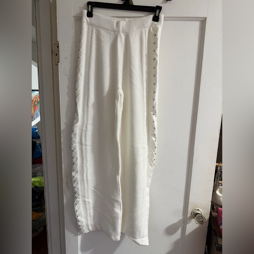 White Knit Pants with Button Detail